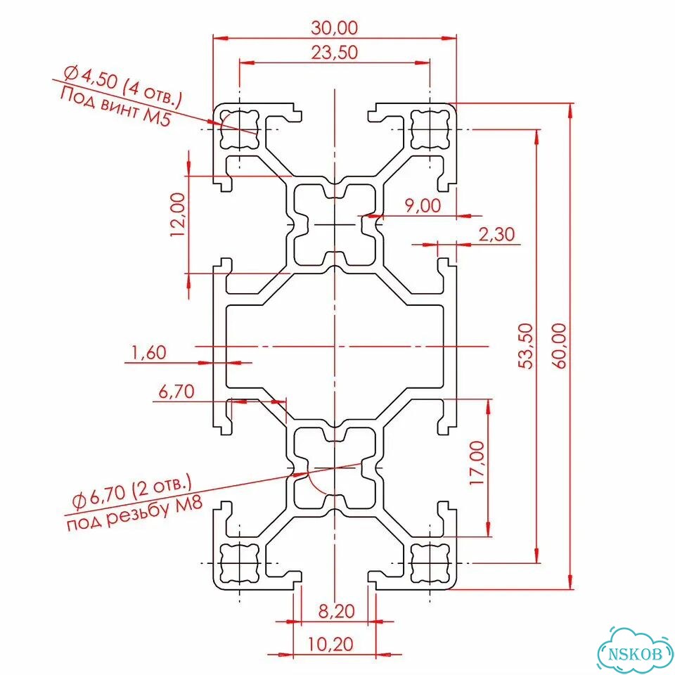 OB-3060-SL Профиль 30х60 мм. Паз 8 мм облегченный (Анодированный) фото 2