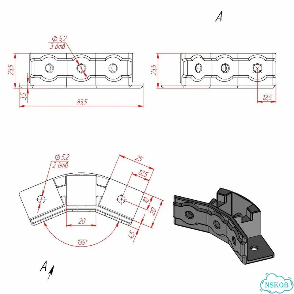 3D-2020-135-Type2 Трехсторонний внутренний угловой соединитель, 20х20, угол 135 град. тип 2 фото 6