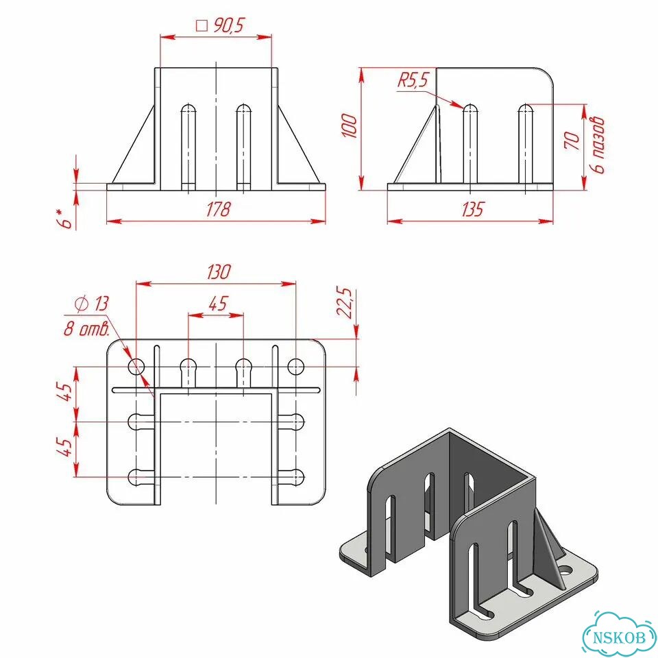RSI-7211B Фундаментная опора, алюминиевая, для профиля 90x90, крепление с краю фото 2