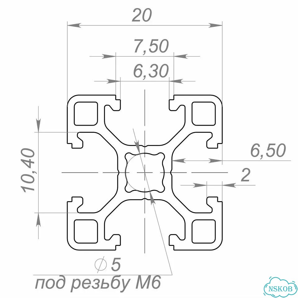 OB-2020-L-BP Профиль облегченный 20х20 мм. Паз 6 мм (Без покрытия) фото 3
