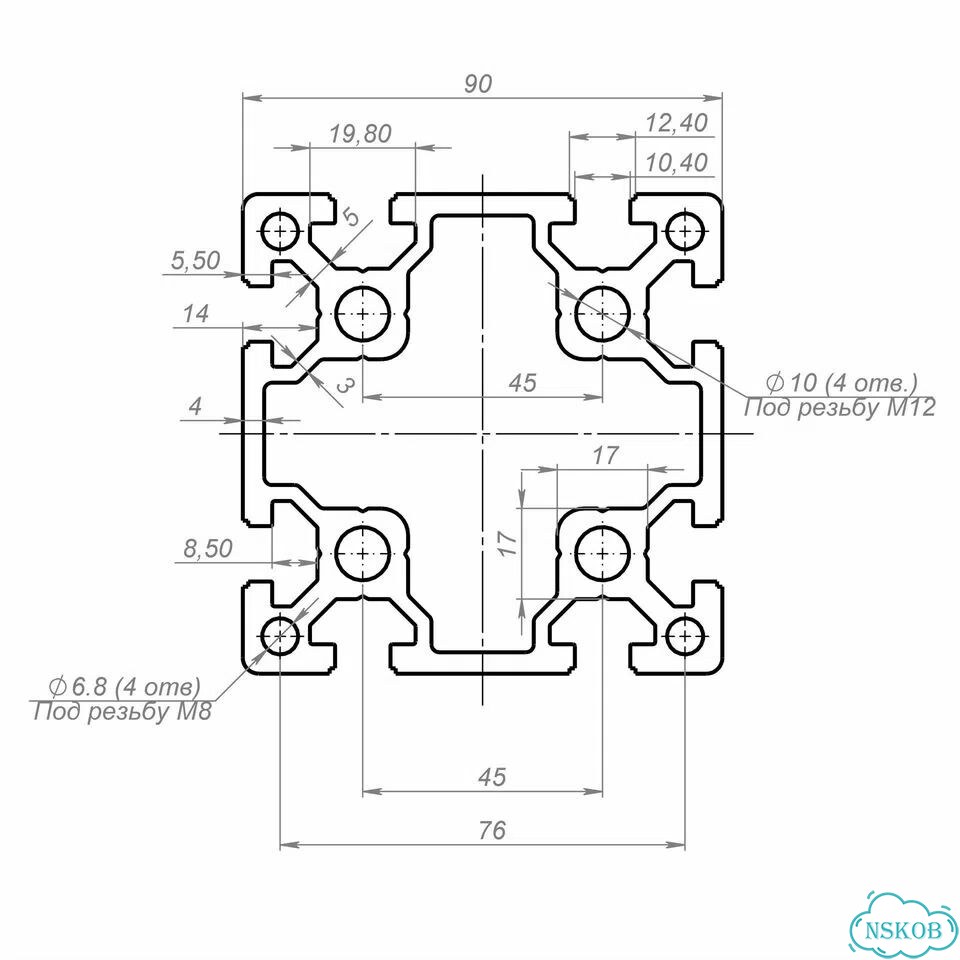OB-9090H-RAL5015 Усиленный конструкционный профиль 90х90 мм. Паз 10 мм (Голубой) фото 2