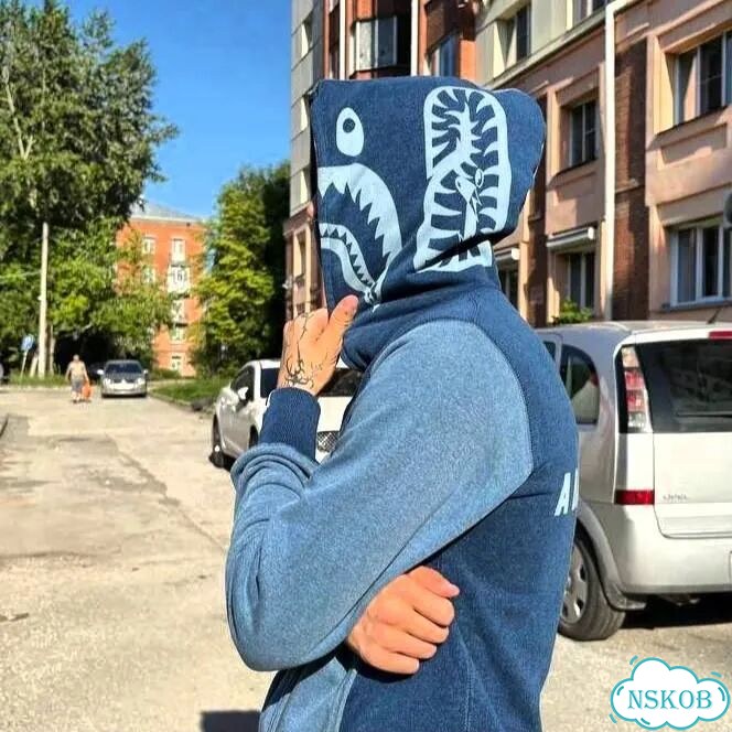 Зип худи Bape Indigo Tiger Shark синие фото 1